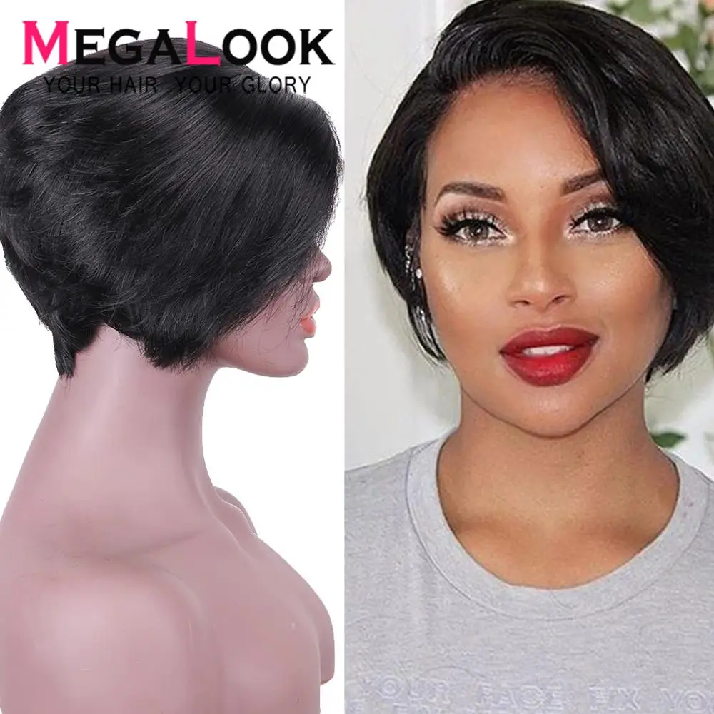 

Lace Front Human Hair Wig Pixie Cut Wig Brown Straight Lace Front Wigs 180 13x4Peruvian Remy Human Hair Glueless Short Wigs