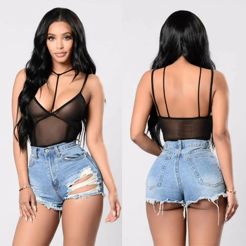 

New Women Ladies Front Plunge Mesh Bodysuit Sexy Lingerie Leotard Sleeveless Bodycon Crop Top Jumpsuit Playsuit Summer Plus Size