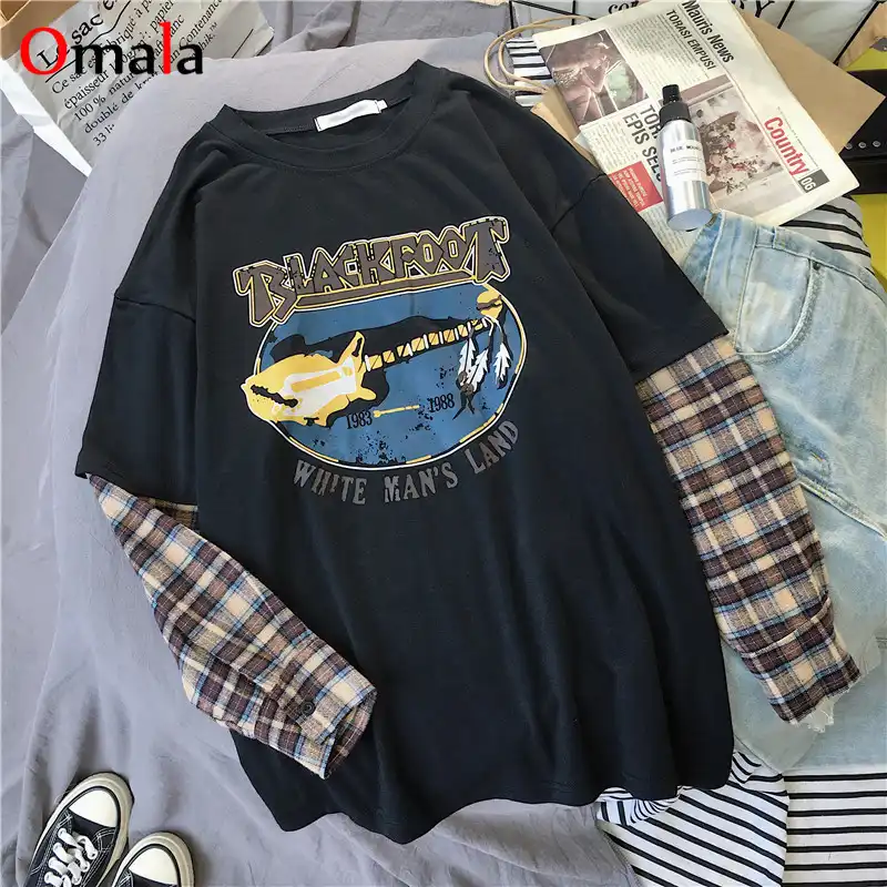 Fashion Long Sleeve T Shirt Korean Simple Oversized Graphic Tees Women Shirts Leisure Plaid Patchwork T Shirt White Black Top T Shirts Aliexpress