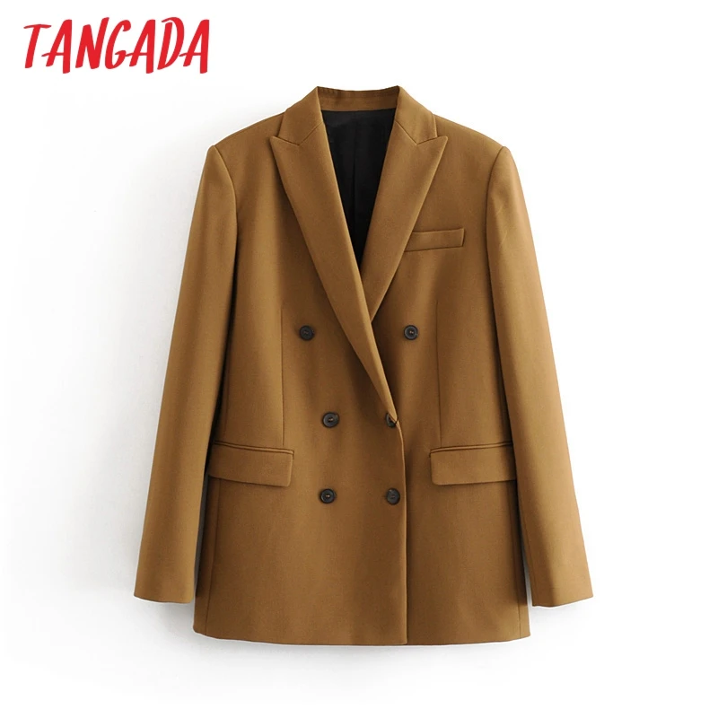 Tangada Женский коричневый однотонный двубортный пиджак дизайнерский офисный Женский блейзер карманы топы для работы 3H42