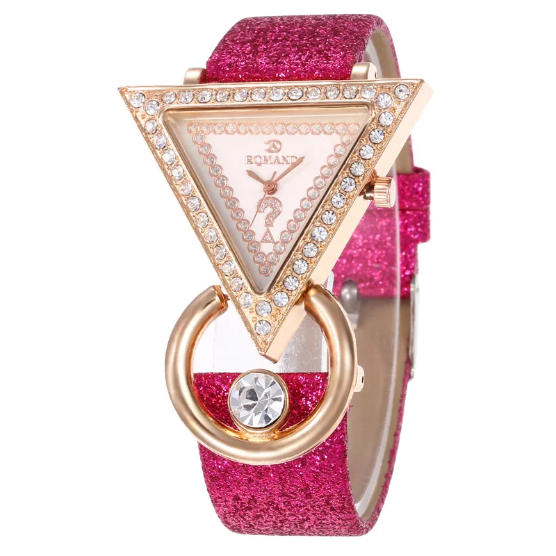 WJ-8553 креативные блестящие часы с кожаным ремешком и треугольным циферблатом для женщин, роскошные стразы, кварцевые наручные часы, классические женские часы