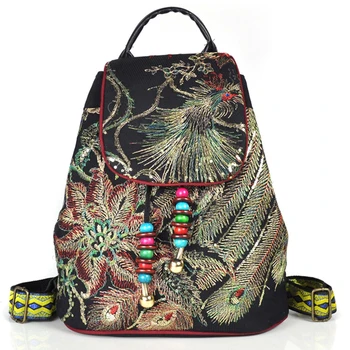 

China Bag Female 2019 Ethnic Embroidery Bag Embroidered Peacock Canvas Backpack New Shoulder Bags Chinese Hmong Vintage
