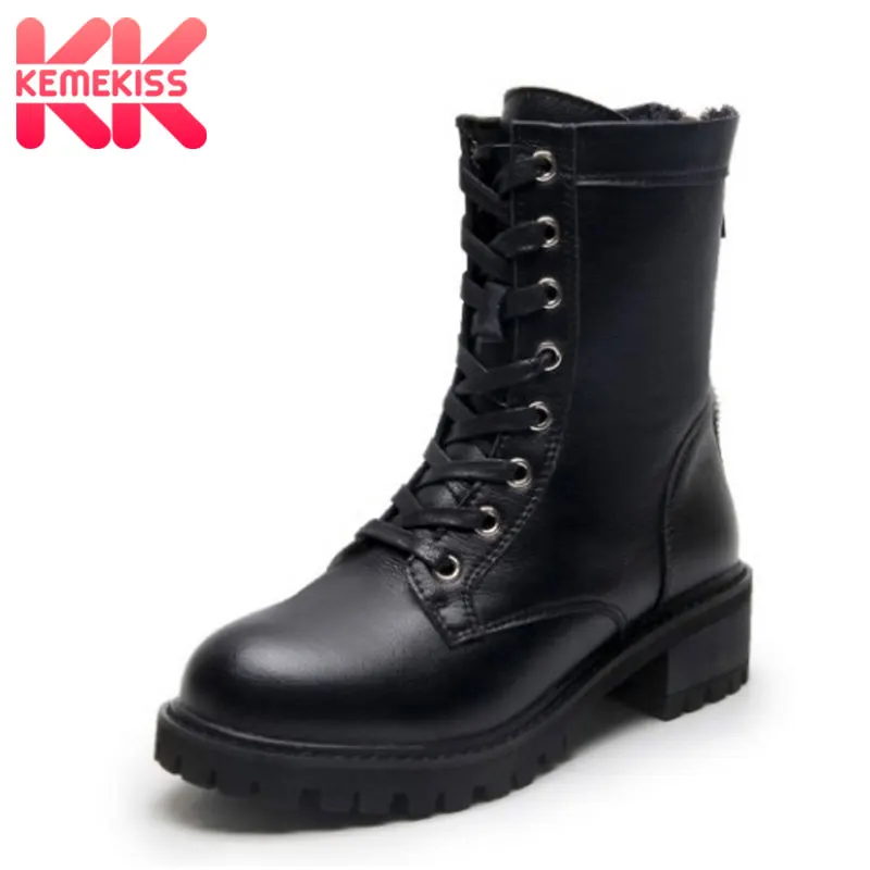 

KemeKiss Real leather Women Ankle Boots Black Pattern Zipper Women Shoes Fashion Casual Lacing Round Toe Footwear Size 35-39