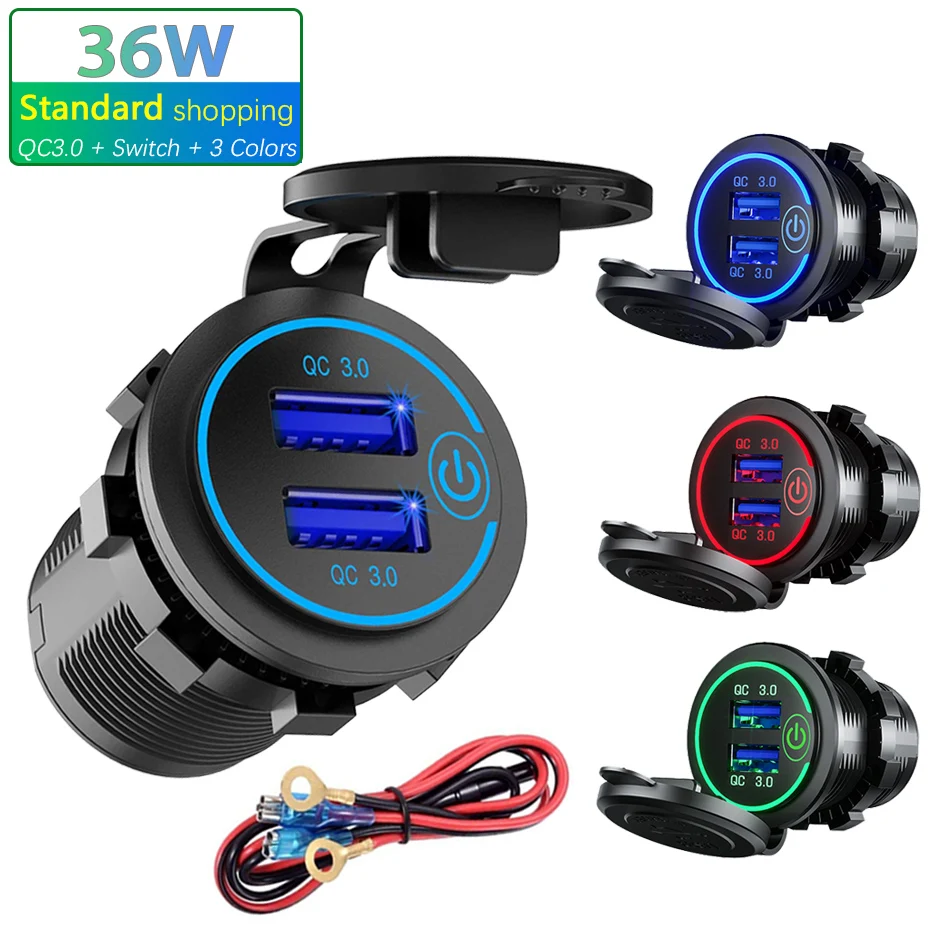 36W QC 3.0 Touch Switch Waterproof Universal Motorcycle Car Truck VAN Boat Dual USB Charger Socket For Phone Tablet DVR GPS | Автомобили и