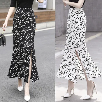 

elegant Sexy Side Split Women Floral Print Chiffon Skirt Lotus Leaf Female Midi Skirt High Waist Stree Wear Ladies Bottom Skirt