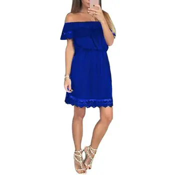 

Hot apparel Sexy Solid Color Women Off Shoulder Lace Ruffled Elastic Waist Party Mini Dress