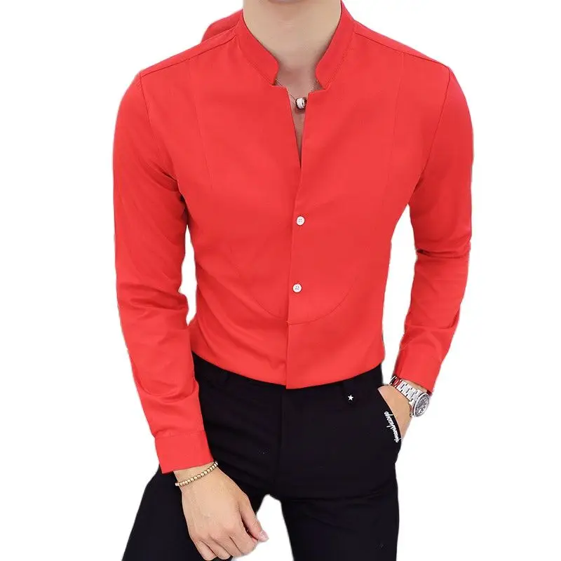 Male Stretch Long Sleeve Shirts Men&rsquo;s Stand Collar Pure Slim Fit Business Shirt Black Red White cotton shirt long sleeve shirt men casual shirt