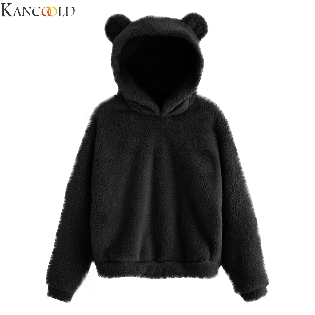 Черный KANCOOLD, осенне-зимняя женская флисовая толстовка с длинным рукавом, теплая толстовка с капюшоном в форме медведя, пуловер высокого качества - Цвет: Черный