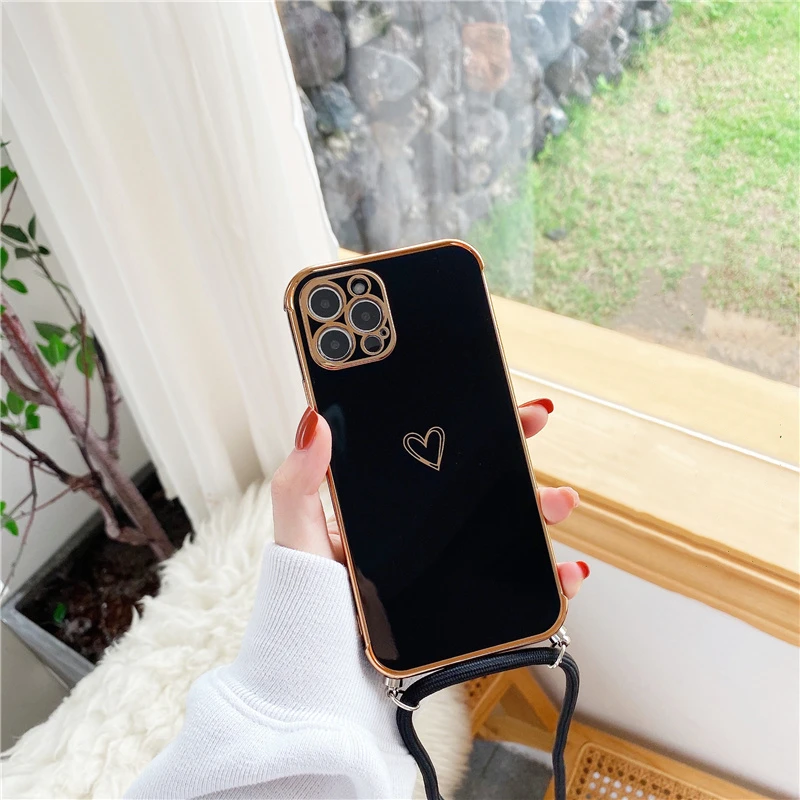 iphone 12 cover case Cute Electroplated Love Heart Lanyard Case For iPhone 11 12 13 Pro Max XS XR X 7 8 Plus Mini SE 2 Cord Rope Necklace Strap Cover apple iphone 12 case