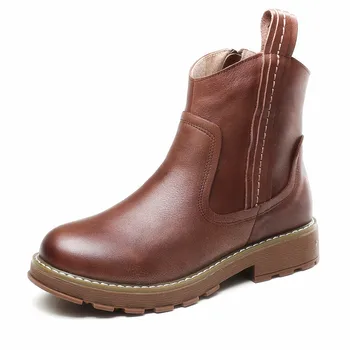 

Leather short boots women's autumn winter 2020 new Mid Heel boots art zipper round head shoes