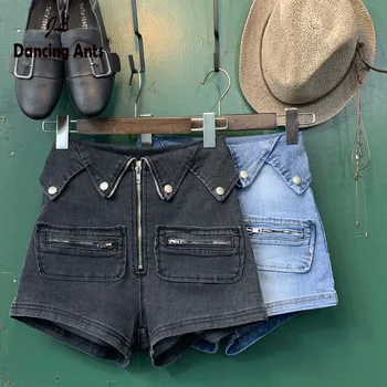 

Woman Short Jeans High Waist Skinny Slim Denim Shorts Korean Style Vintage Solid Elastic Zipper Fly Streetwear Female Shorts