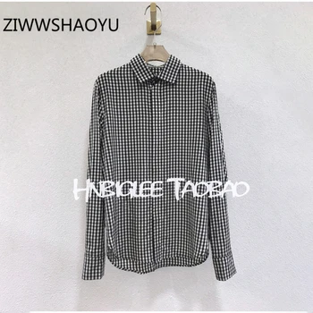 

ZIWWSHAOYU Autumn Women Fashion Casual Shirt Runway Designer Ladies Long Sleeve Black/White Plaid Silk Blouse 2020