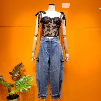 

L77street Net Red Niche 9 Points Functional Wind High Waist Harlan Three-Dimensional Cut Feet Were Thin Dark Jeans Women