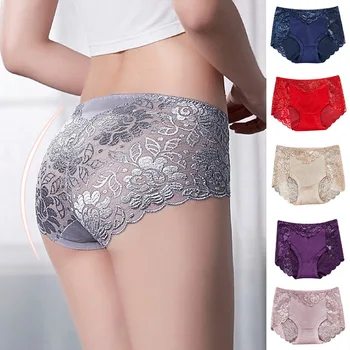 

Lace Panties Elegance Women Mid-Rise Waist Sexy Flowers Lace Lingerie Seamless Panties Underpants Underwear Plus Size Brief Girl