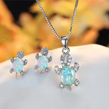 Cute Small Sea Turtle Necklace Earrings Female White Opal Oval Stone Jewelry Sets For Women Boho Silver Color Bridal Wedding Set