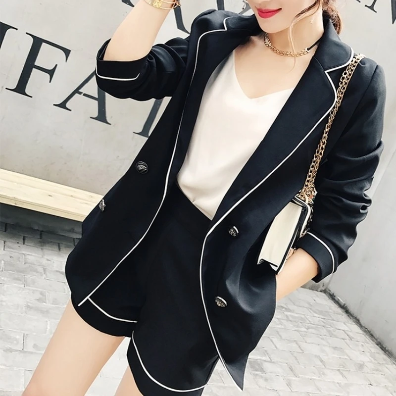 Casual 2 Stuks Sets Notched Kraag Slanke Blazer En Korte Broek Elegante Pak Vrouwen Zwarte Mode Kantoor Pak Hoge Kwaliteit zwart Casual 2 Stuks Sets Notched Kraag Slanke Blazer En Korte Broek Elegante Pak Vrouwen Zwarte Mode Kantoor Pak Hoge Kwaliteit zwart