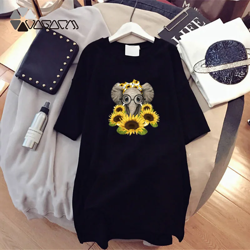 

Summer Harajuku Dress Plus Size O-Neck Short Sleeve Sunflower Elephant Print Cute Loose Street Mini Dresses Cartoon Vestidos