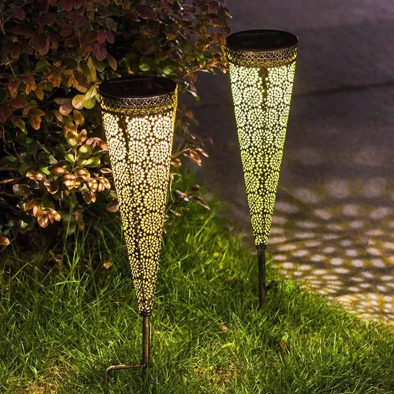 

2Pcs Solar Pathway Light Cone Shape Waterproof Iron Art Decorative Lamp Ground Lawn Pathway Lamp For Walkway Yard Lawn Patio