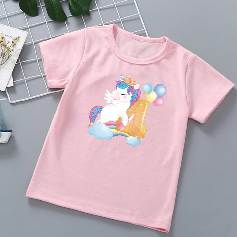 

2021 Kawaii Rainbow Horse Balloon 3-9th Birthday Gift Graphic Print T Shirts Girls T-Shirts Kids Clothes Children Clothing Tops