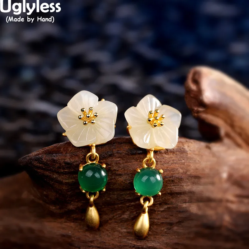 

Uglyless Hotan Jade Plum цветущие серьги для женщин Green серьги из халцедона Real 925 серебряные серьги Bijoux Цветочные драгоценные камни ювелирные изделия