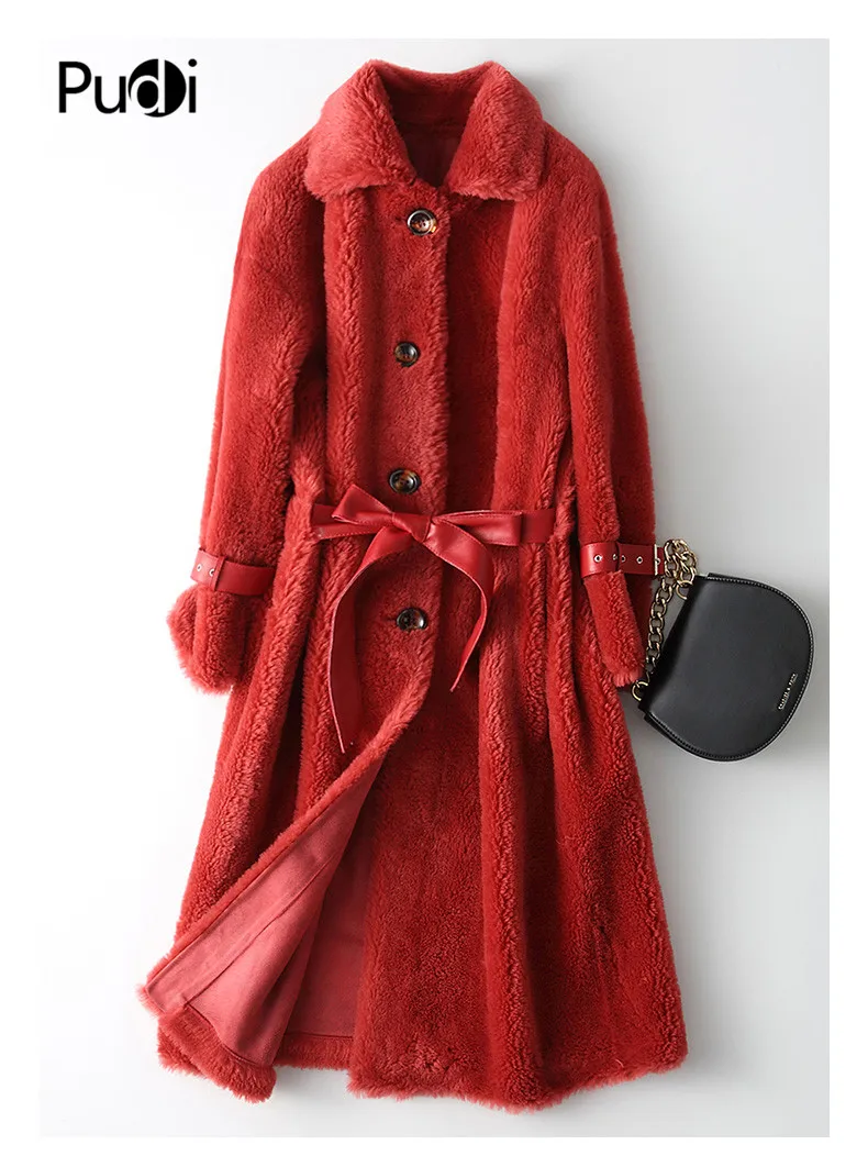 

PUDI A18225 women winter real wool shearing hood overcoat warm jacket girl coat lady Long jacket overcoat