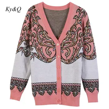 

Vintage Runway Fashion New Clothes Tide 2020 Fall Winter Women V-neck Long Sleeve Embroidered Loose Pink Knit Cardigan Pink