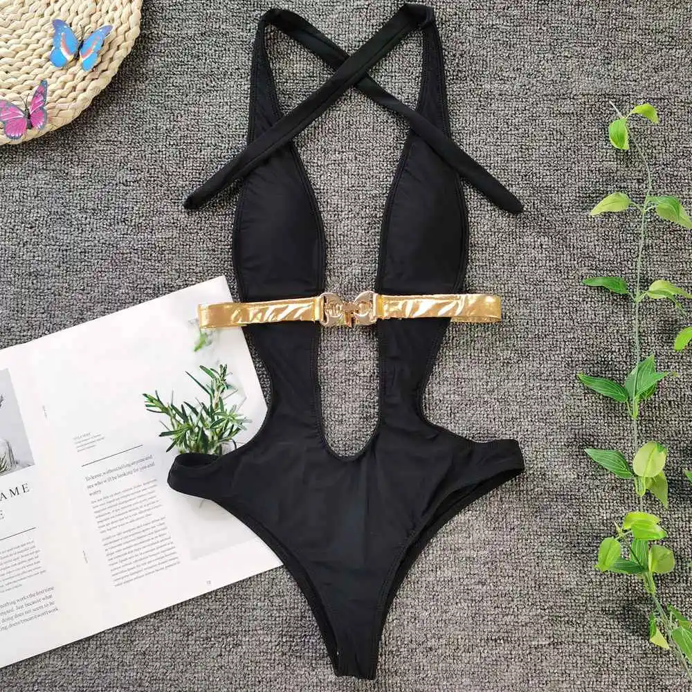 Push Up One Piece Swimsuit High Cut Out Swimwear Women Sexy V-neck Bodysuit Black Halter Female 2020 New Strap Bathing Suit