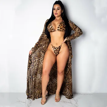 

Hiirigin 3Pcs Summer Bikini Swimwear For Women Leopard Print Bikini Beach Wear Bikini Set + Cover Up Candigan Bathing Suit
