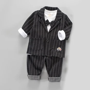

Toddler Boys Clothing Set Kids Autumn Formal Outfits 3PCS Striped Coat with Bow Tie Solid Tops Long Pants England Style Clothing