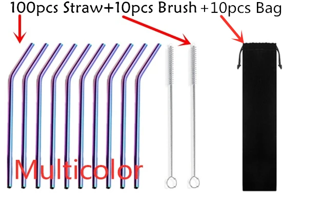 Красочные 100 шт соломы+ 10 шт щетка прямая или изогнутая металлическая трубочка для напитков из нержавеющей стали многоразовые трубочки для пива фруктовый сок - Цвет: 100-10-10