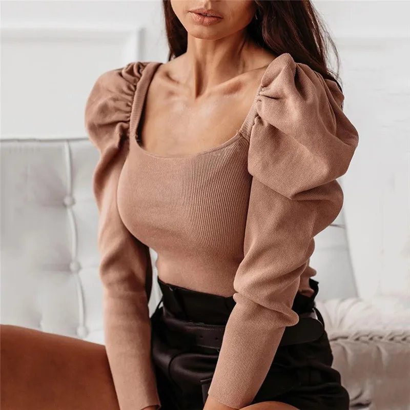 Модный женский трикотажный комбинезон OL с пышными длинными рукавами элегантная