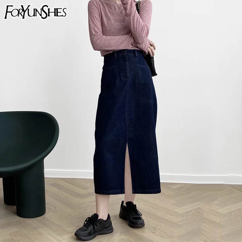 Женская джинсовая юбка FORYUNSHES темно-синяя средней длины в стиле ретро с высокой