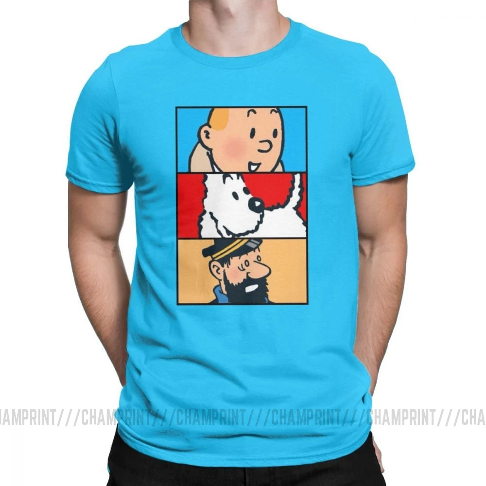 Футболка Tintin Milou Haddock The adventures Of Tintin для мужчин, хлопковая футболка с короткими рукавами, одежда 4XL 5XL 6XL - Цвет: Королевский синий