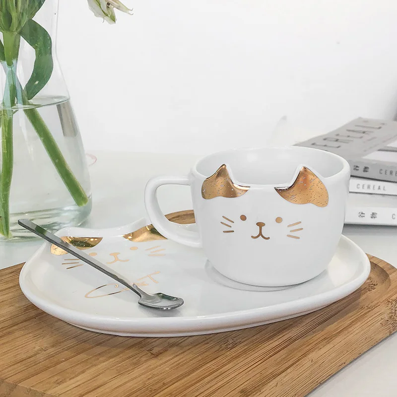 Милый Кот, керамическая кофейная кружка, набор, контур в золотом, Бизнес офис, Китти, молоко, чай, чашка, стакан, креативные европейские кружки для подарка - Color: White