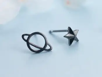 

earrings asymmetry 100% Real. 925 Sterling Silver Fine Jewelry Open Hollow Black Fixed Star &Star Stud earrings Charms GTLE1705