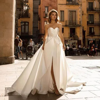 

Smileven Beach Wedding Dress A Line Sweetheart Bride Dresses Side Split Big Bow Wedding Boho Bridal Gowns