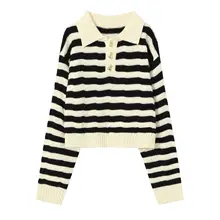 

Elegant Knitted Basic Pullovers Lapel Striped Soft Loose Knitted Sweater 2021 Autumn Winter Harajuku Vintage Thickening Sweater