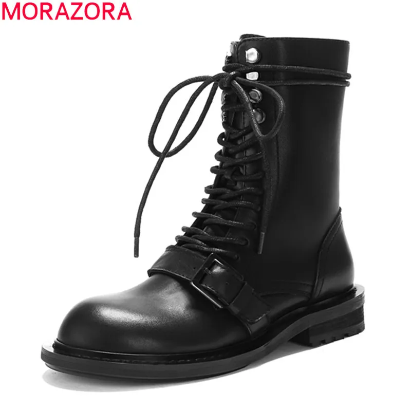 MORAZORA/; горячая распродажа; ботильоны из натуральной кожи; модные женские ботинки для отдыха на шнуровке черного цвета с круглым носком; сезон осень-зима