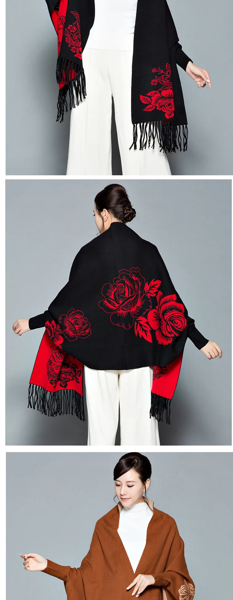 Женская шаль большого размера с рукавами пончо толстые зимние шали и обертывания для дам пашмины теплые Feminino Цветочные пончо и накидки