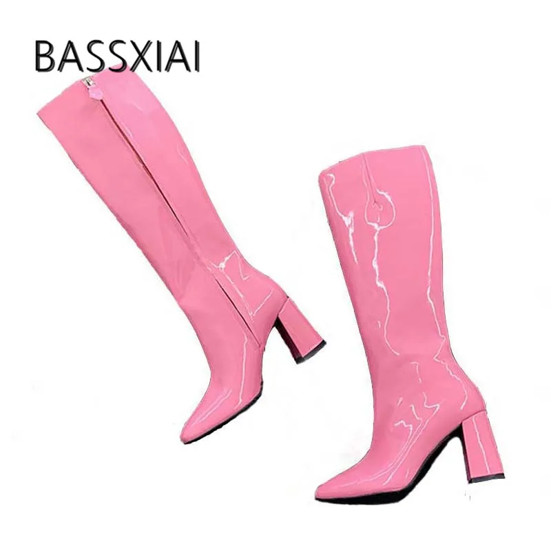 Pink Knee High Boots Women Pointed Toe High Heel Boots Woman Fashion Party Shoes
