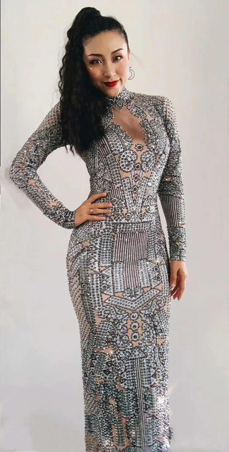 Dress Женское сексуальное сценическое платье из спандекса, Серебряные стразы, женский наряд для дня рождения, одежда для танцоров, длинное платье для певицы - Цвет: Dress