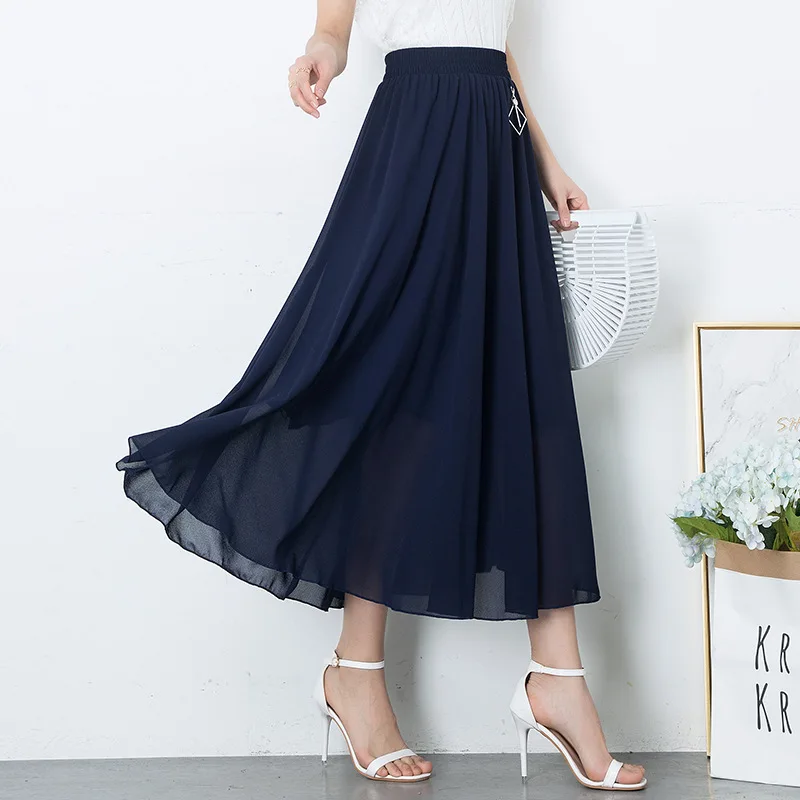 Синий Korean Spring and summer women high waist pleated skirt womens large swing elastic waist thin beach skirts - Цвет: Синий