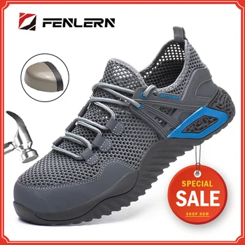 

FENLERN Mens Steel Toe Safety Shoes Work Shoes For Men lightweight Breathable Anti-Smashing Non-Slip Construction Work Sneakers
