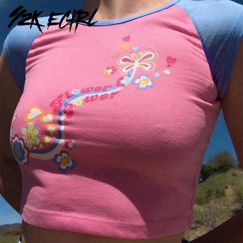 

Y2K EGIRL Cute Cartoon Printing Front Patchwork Crop Tops Sweet O-neck Short Sleeve Skinny PInk T-shirts Streetwear 90s Autumn