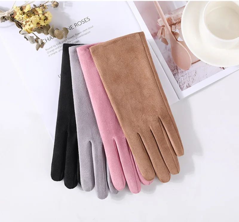 New Women Winter Keep Warm Touch Screen Suede Fabric Plus Velvet Inside Thicken Female Elegant Solid Simple Style Soft Gloves