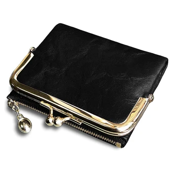 

Women's Short Wallet Bifold Retro Multifunction Coin Purse with Zip and Kiss Lock Black