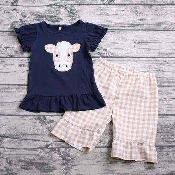 

Super cute cow applique 2pcs set for baby girl cotton top seersucker shorts