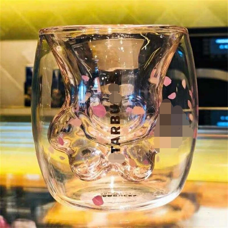 

2019New cat's paw cup with coffee cup milk mug beer mug cherry pink transparent double glass Cat Paw Cup