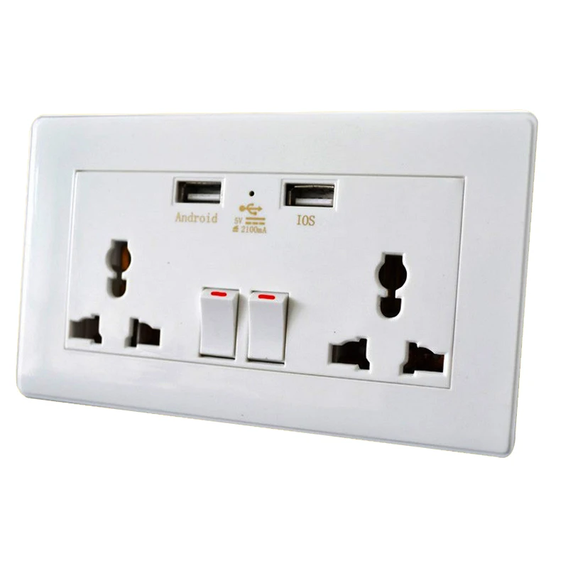 

International Universal Plug Socket 2.1A USB Wall Switch Socket 3 Holes Dual USB Port Power Charger Outlet Panel