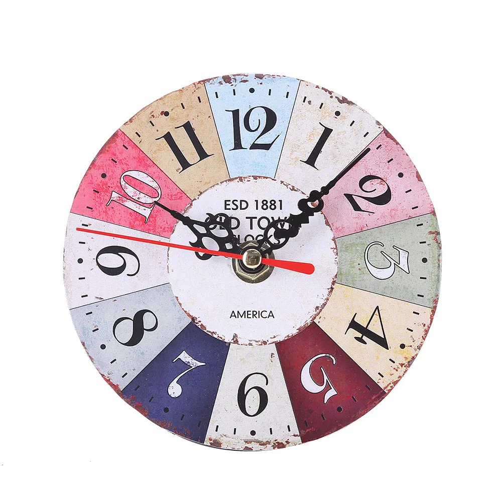Round small clock imitation wood wall clock bedroom Vintage Style Antique Wood Wall Clock for Home Kitchen Office 8#P6 - Color: As picture E